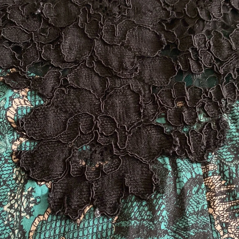 Anthropologie Maeve Silk blend Butterfly Swan Green print Lace top Swing Dress - Picture 7 of 16
